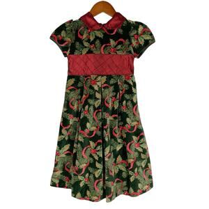 Vintage Laura Ashley Holiday Dress Green Red Holly Pattern Velvet Girls 6X